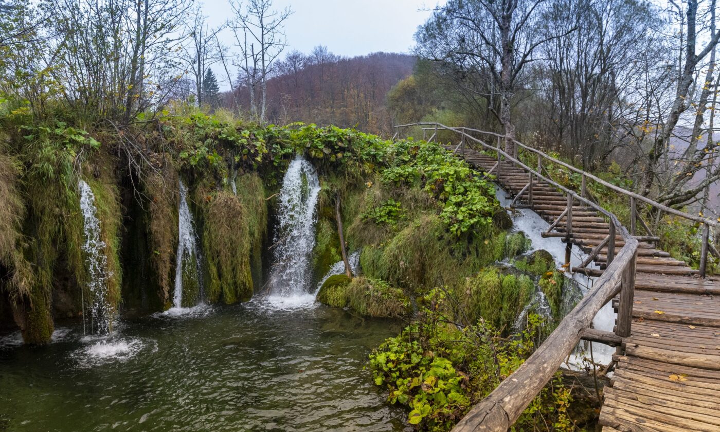 Wooden walkways beside the falls at Plitvice Lakes